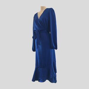 Lucky Brand Bright Blue Satin V Neck Long Sleeve Knee Length Ruffle Dress M